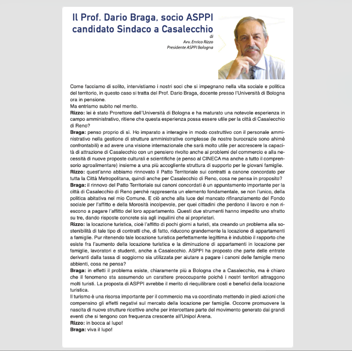 l’Avv. Enrico Rizzo Presidente ASPPI Bologna intervista il Prof. Dario Braga SOCIO ASPPI E CANDIDATO SINDACO A CASALECCHIO (Bologna))